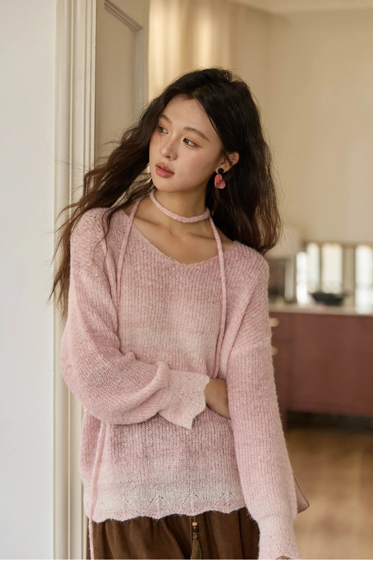 Mishow Pink Gradient Ribbed Cuff Sweater with Rope MXE43Z1334