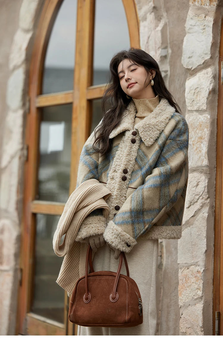 MISHOW Splicing Fleece Plaid Tweed Jacket Turn Down Collar MXD55W0574