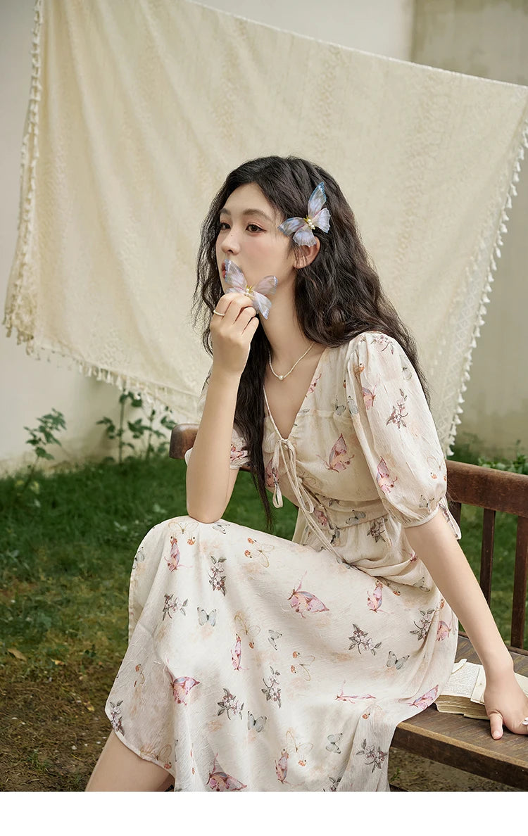 Mishow Butterfly Print V-Neck Lace-Up Bubble Sleeve Dress MXD15L1778