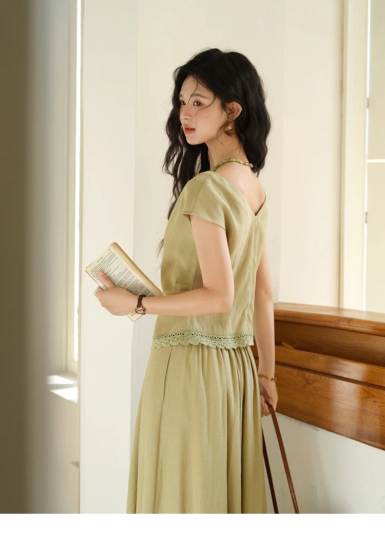 Mishow V-Neck Lace Hollow Top & Pocket A-Line Skirt Set MXE39T0665