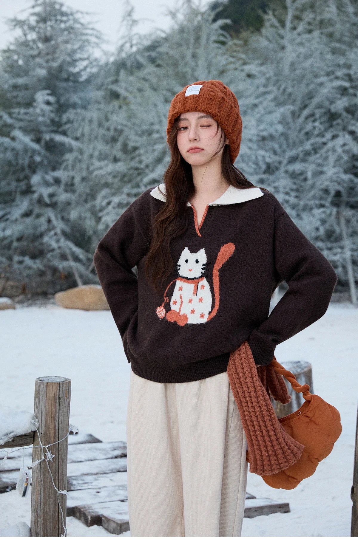 Mishow Retro Arctic Fleece Color Block Cat Sweater MXE90Z2835