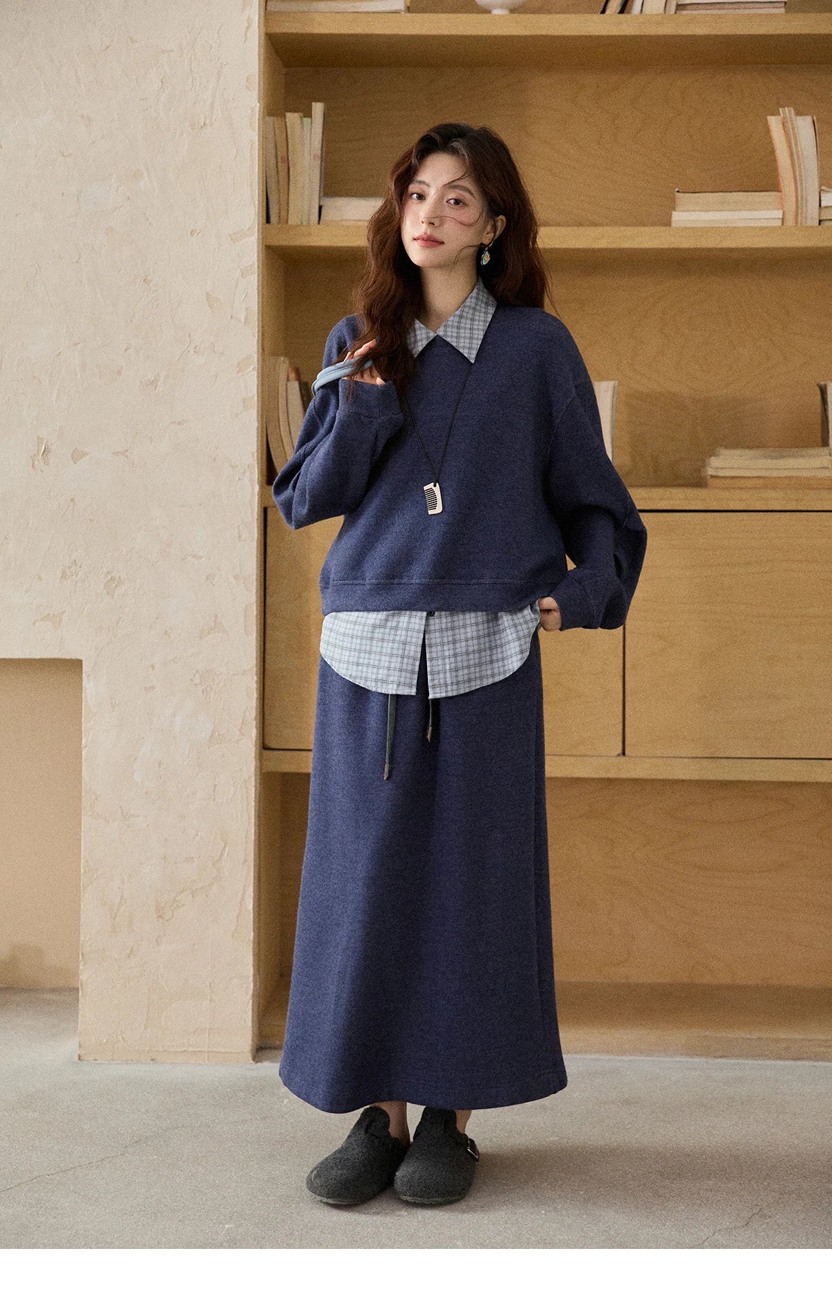 Mishow Blue Plaid Knit Top & Straight Skirt Set MXE87T1445