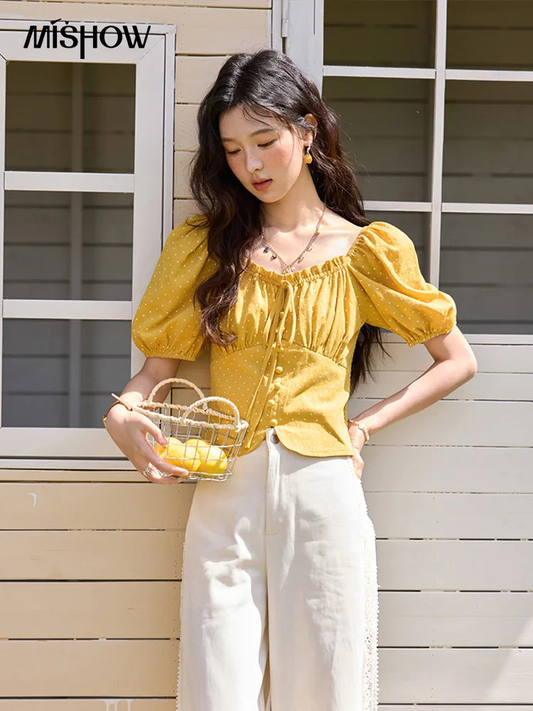 MISHOW Yellow Polka Dot One Shoulder Blouse Back Elastic Lace-Up MXE35X1840