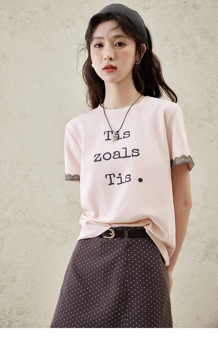 Mishow Pink Letter Print Lace Trim Tee MXE32T0529