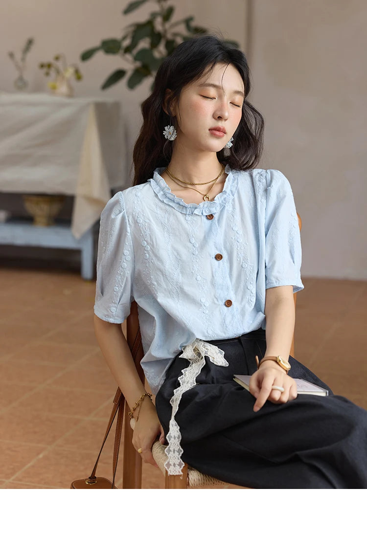 MISHOW 100% Cotton Puff Sleeve Shirt Round Neck Button MXE36X1873