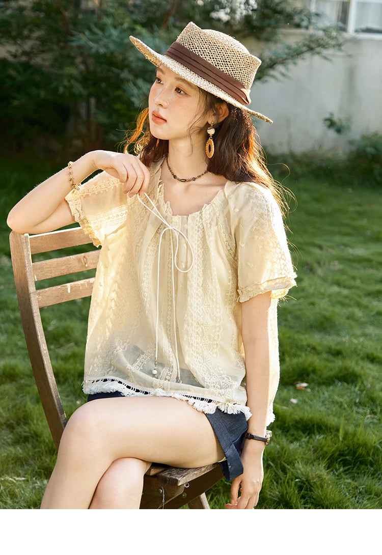 MISHOW Embroidered Jacquard Blouse O-Neck Lace Up MXE37X1861