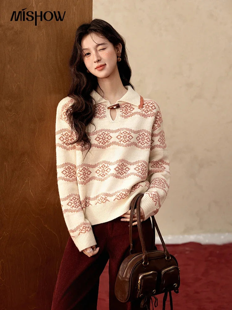 Mishow Christmas Fair Isle Turn Down Collar Pullover MXD59Z1042