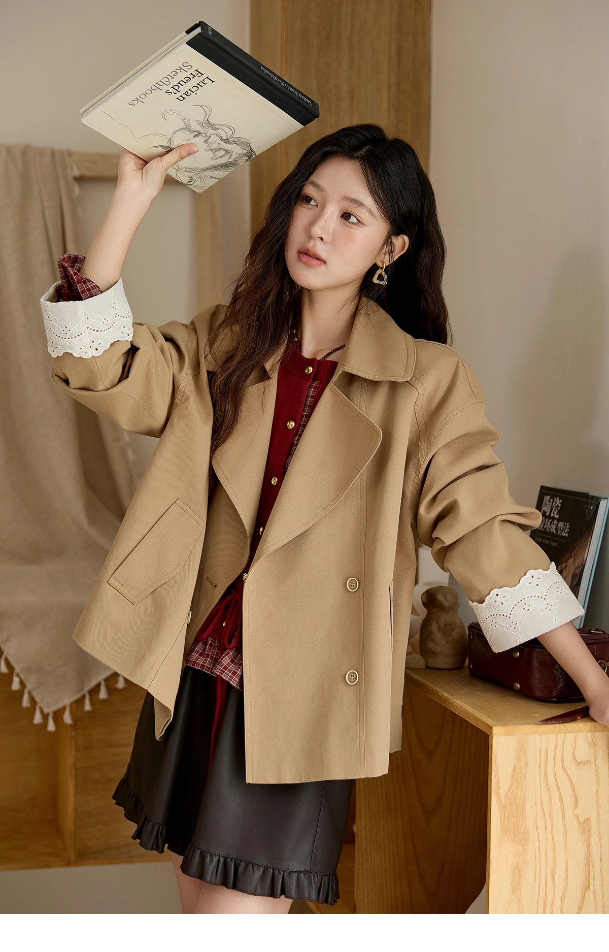 Mishow Red Fake Two-Piece Plaid Patchwork Cardigan MXE45Z2483