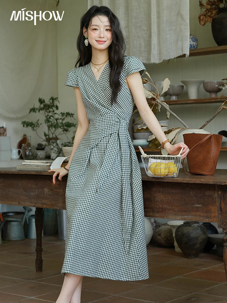 Mishow V-Neck Plaid Waist Cinched Sash Dress MXE39L2410