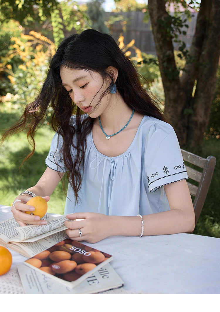 MISHOW Cotton Blouse Round Neck Lace Up Puff Sleeve MXE39X1966