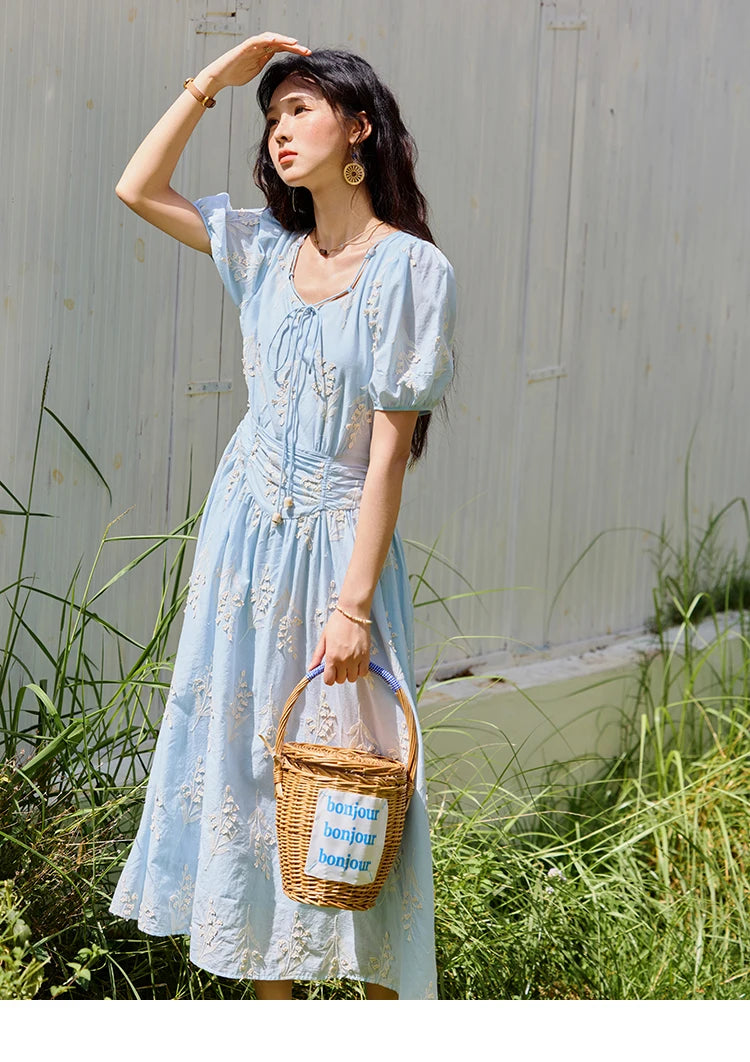 Mishow Blue Square Neck Bubble Sleeve Cotton Dress MXE35L2234