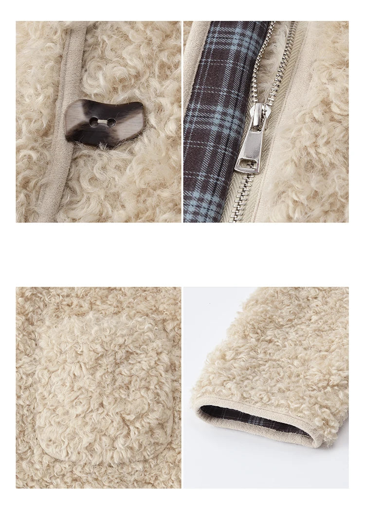 Mishow Plaid Patchwork Curly Lambswool Coat MXE87W0939