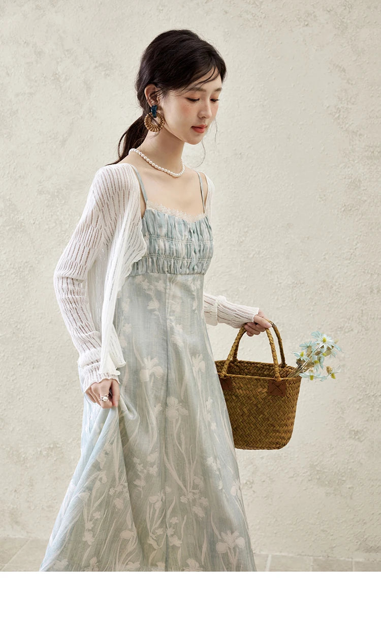 Mishow Print Square Collar Sleeveless Suspender Dress MXE16L2127