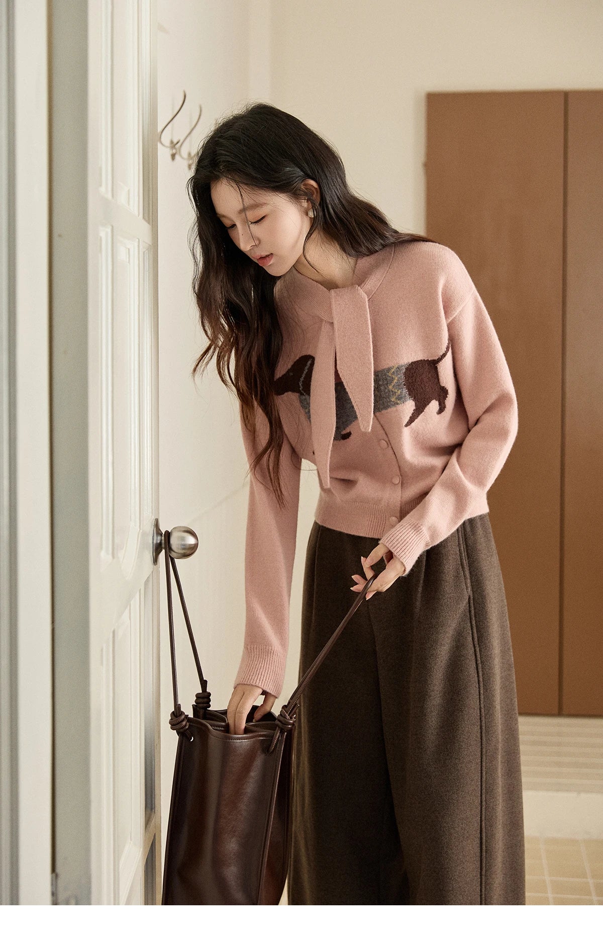 Mishow Pink Dachshund Pattern Bow Collar Cardigan MXE94Z2997