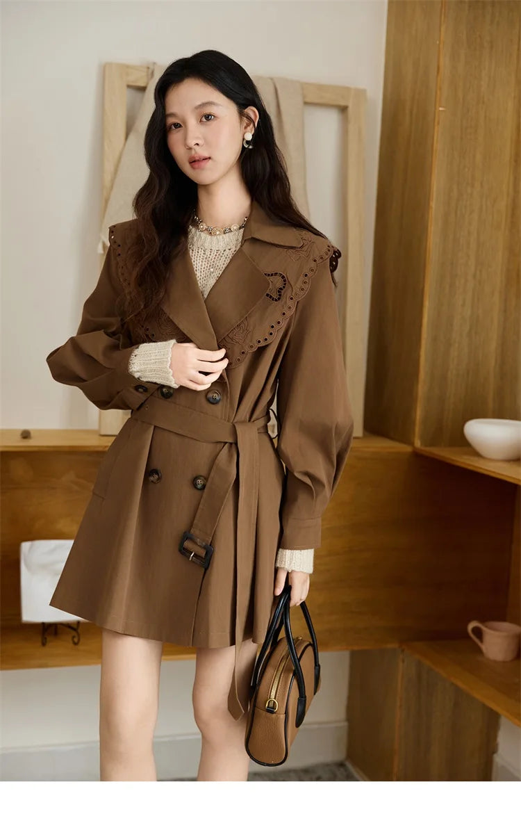 Mishow Hollow Embroidery Mid-Length Trench Coat MXE46W0862
