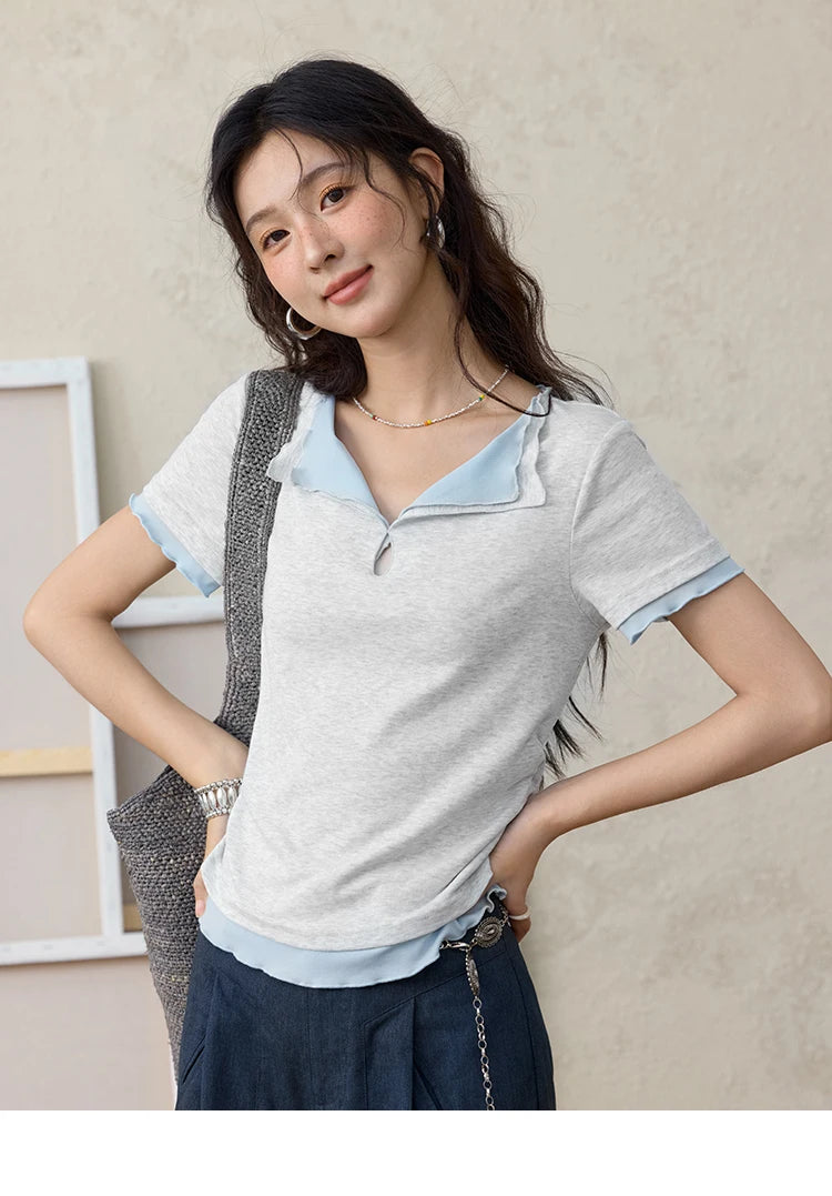 Mishow Grey Blue Fake Two-Piece Wavy Edge Tee MXE35T0567