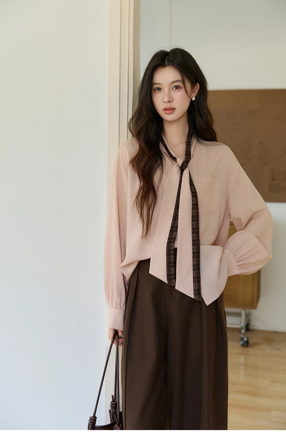 MISHOW Dusty Pink Shirt Plaid Tie Neck Lantern Sleeve MXF108C0817