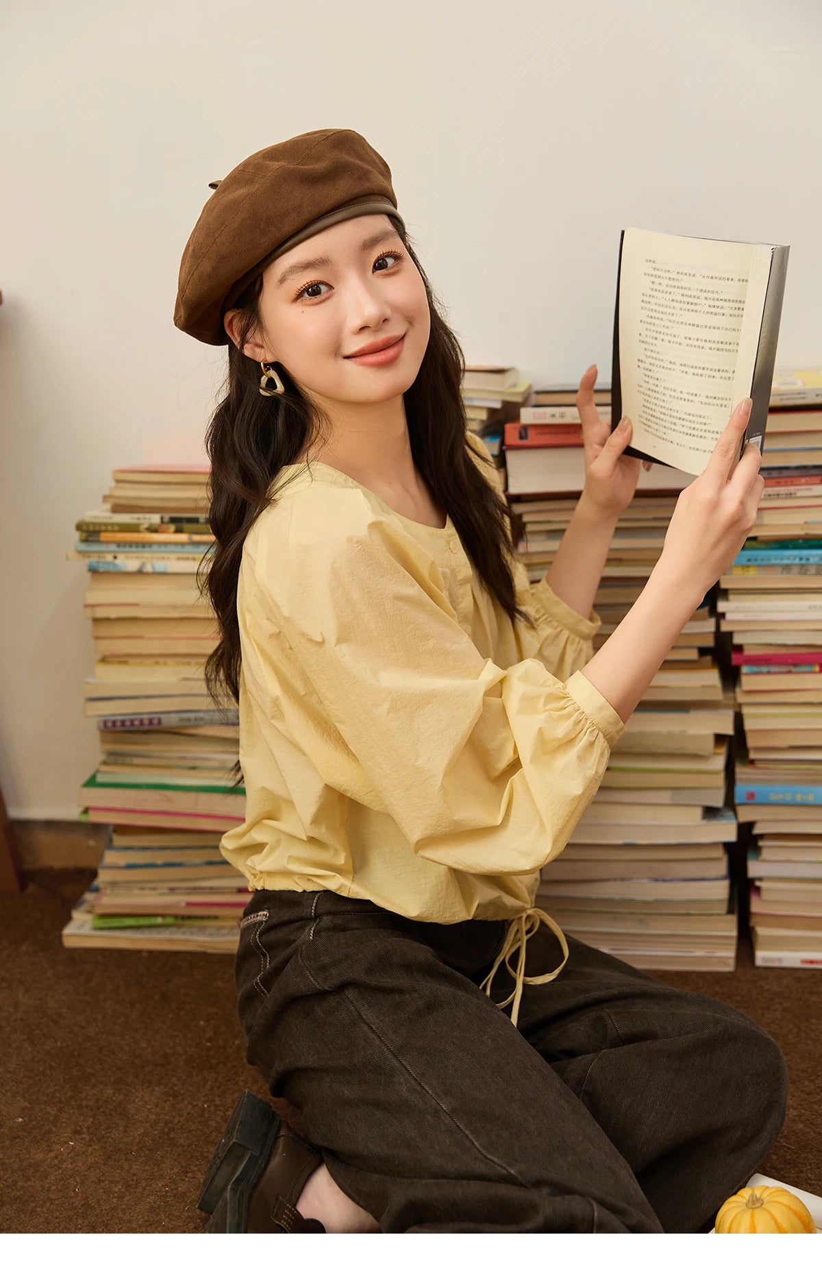 MISHOW Light Yellow Pleated Shirt Drawstring Hem Lantern Sleeve MXE45X2490