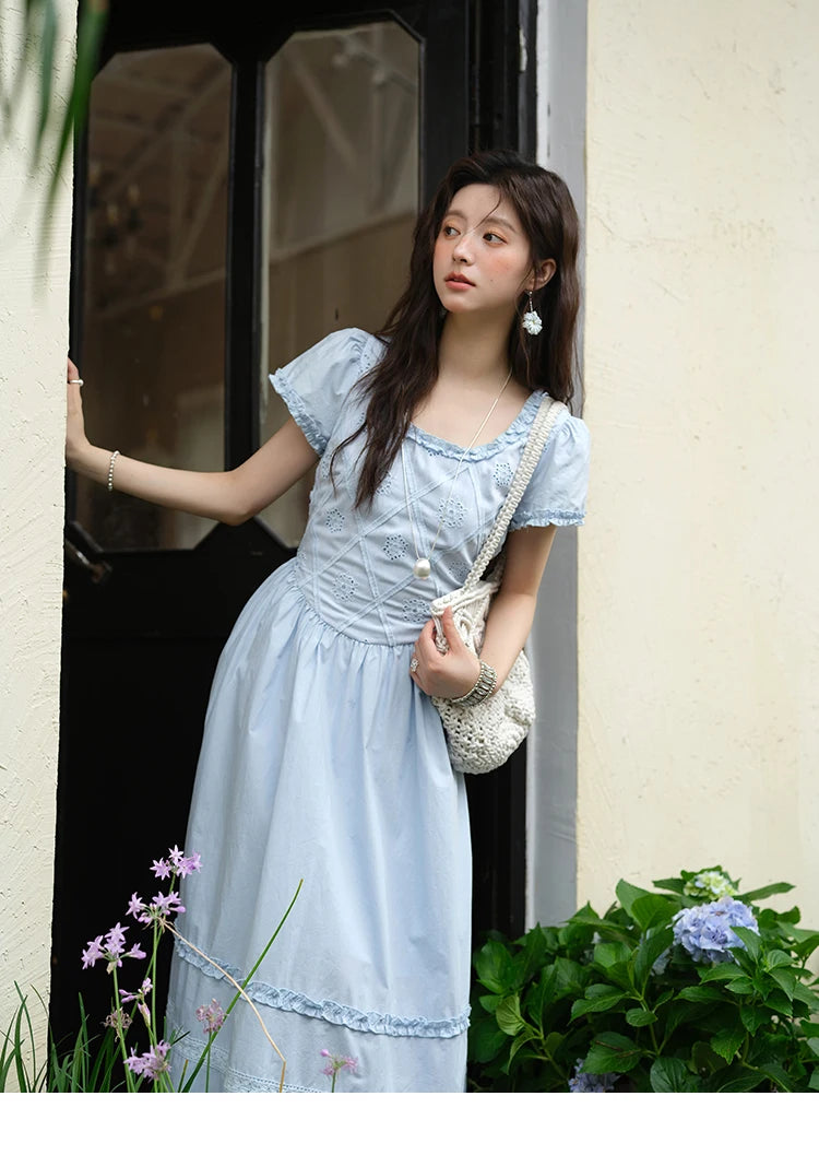 Mishow Blue Lace Mushroom Edge Puff Sleeve Dress MXE38L2348