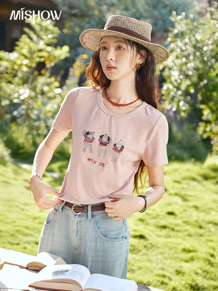Mishow Little Bear Embroidery Round Neck Tee MXE39T0699