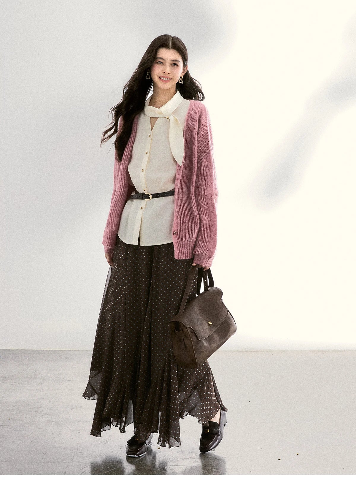 MISHOW Women's Tie Neck Shirt Hollow Out Knitted Patchwork Puff Sleeve MXF108C0812