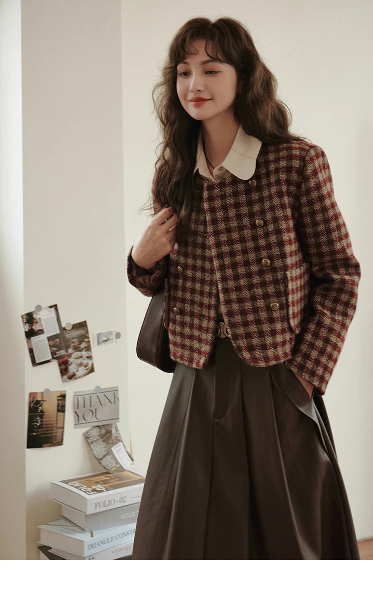 Mishow Vintage French Crop Plaid Woolen Top MXC48W0175