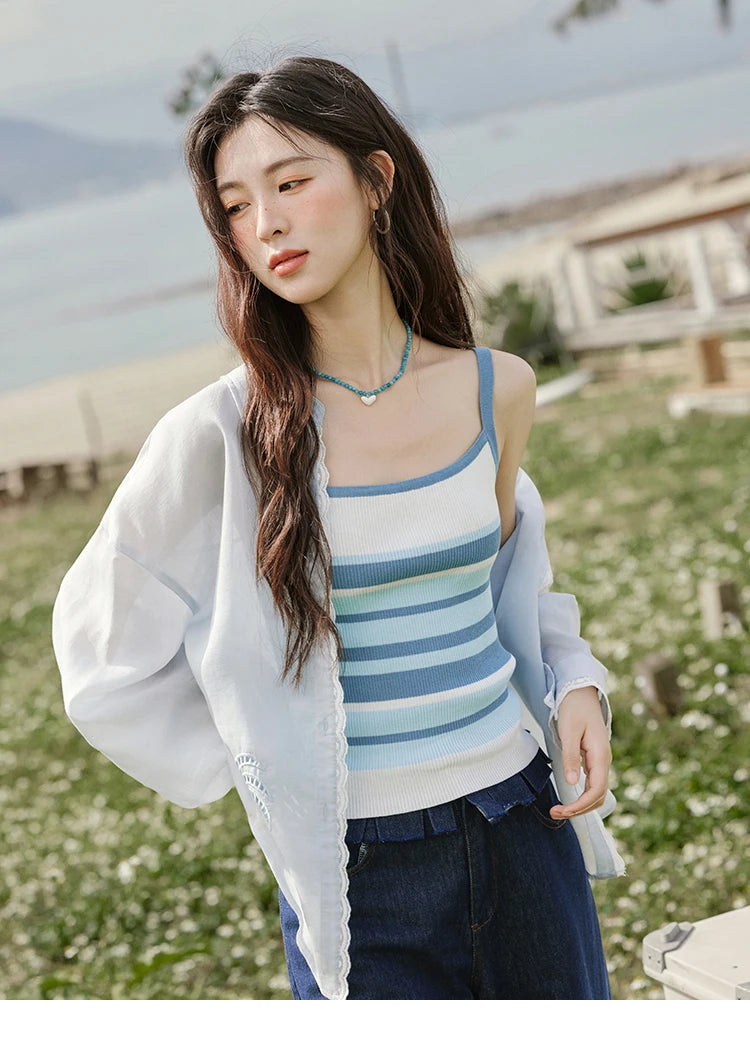 Mishow Blue Striped Square Collar Camisole MXE31Z1221