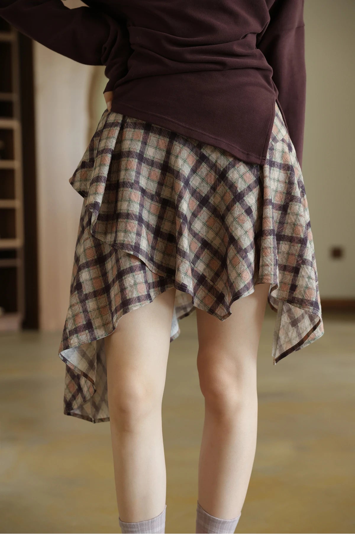 Mishow Purple Plaid Irregular Ruffle Hem Skirt MXE42B2395