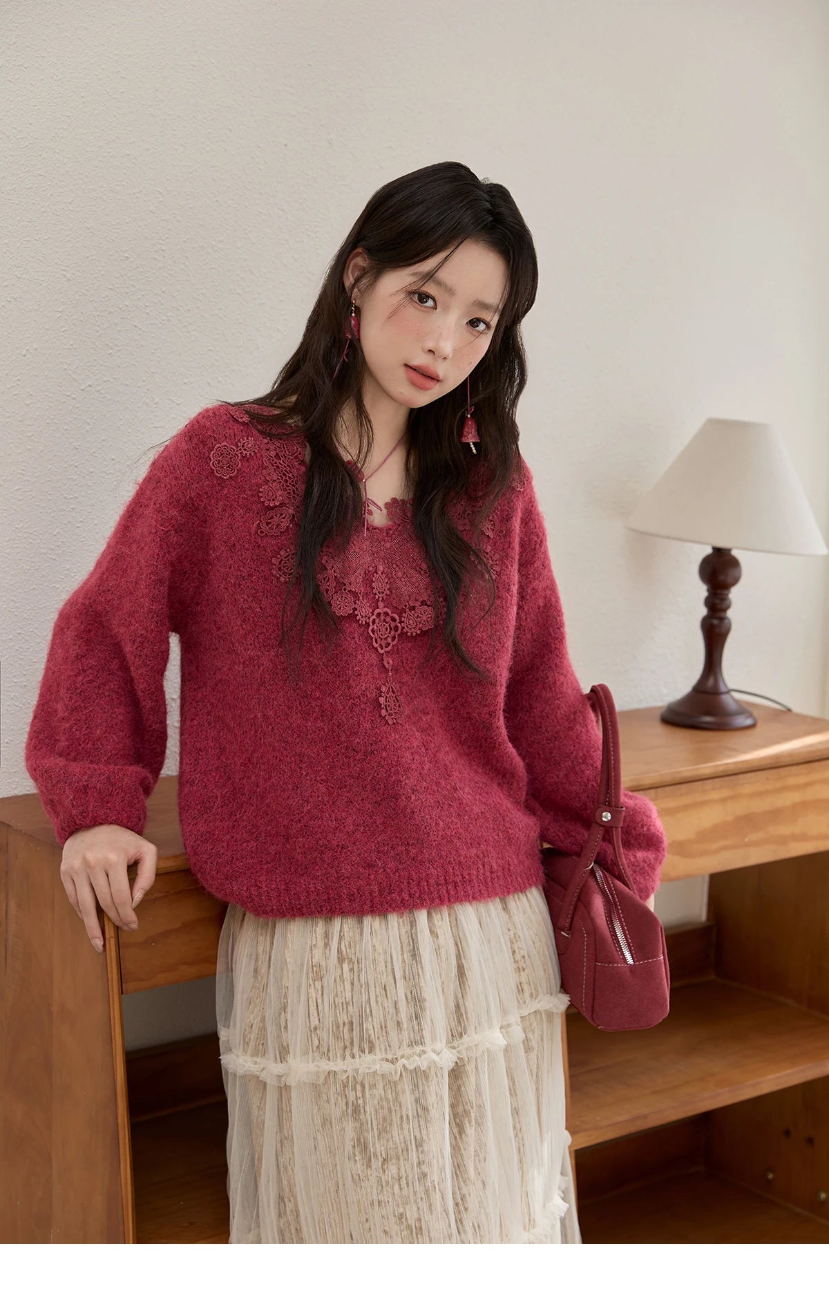 Mishow Pink Lace Wool V-Neck Lantern Sleeve Pullover MXE51Z2632