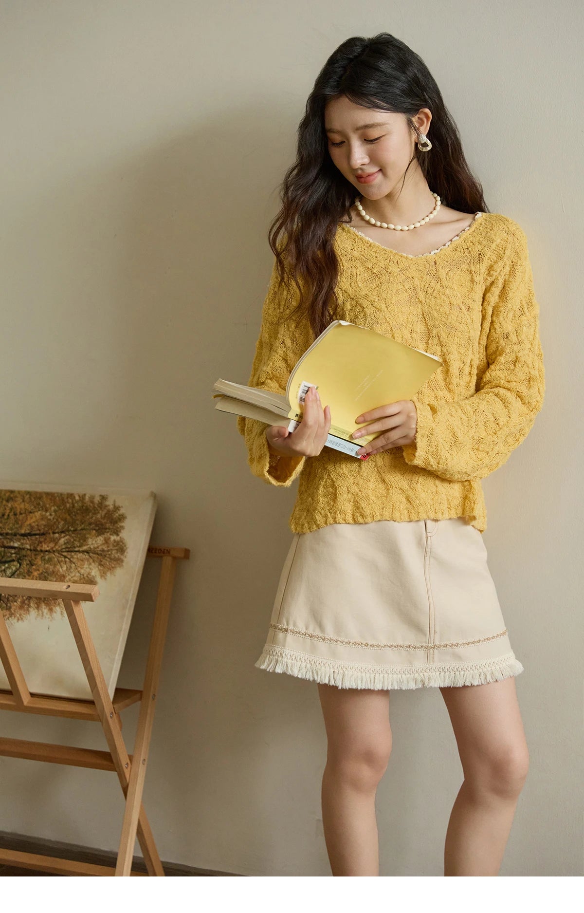 Mishow Bamboo Loop Yarn Hollow V-Neck Lace Sweater MXE43Z1349