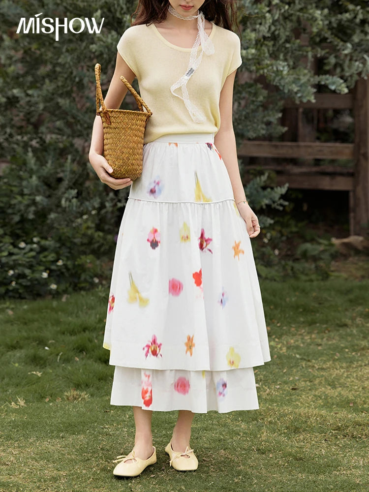 MISHOW White Background Flower Cotton Skirt High Waist A-LINE MXE32B0720