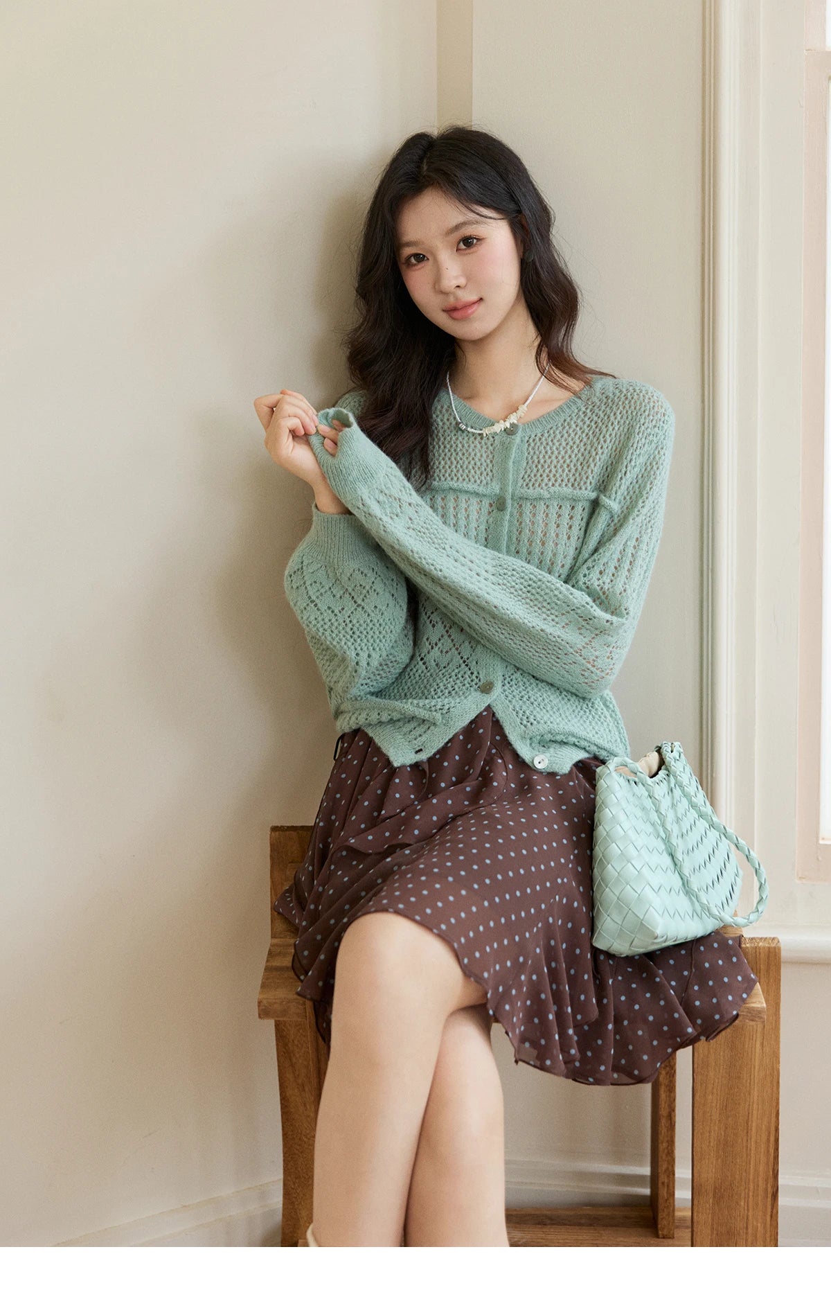 Mishow Mint Green Crew Neck Hollow Cardigan MXF108Z1046