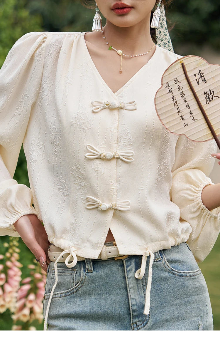 MISHOW Chinese Button Up Shirt Jacquard Drawstring Puff Sleeve MXD14X1386