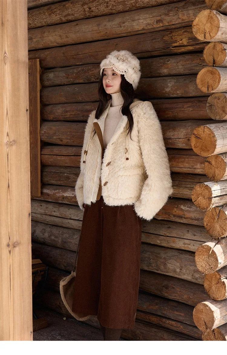 MISHOW Beige Knitted Hooded Plush Coat Warm Windproof MXE86W0908