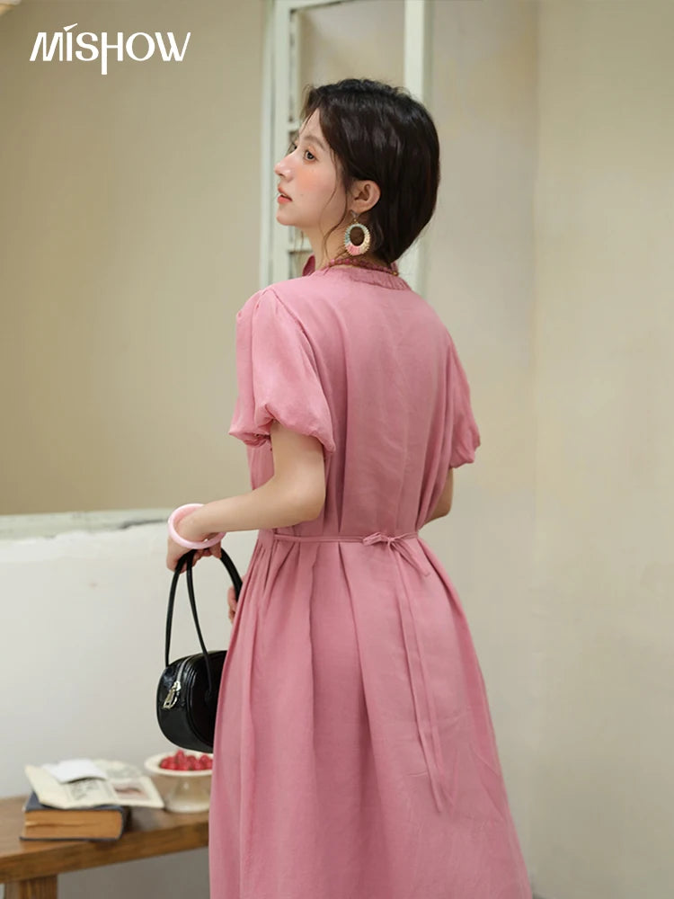 Mishow V-Neck Puff Sleeve Pocket Sash Dress MXE39L2381