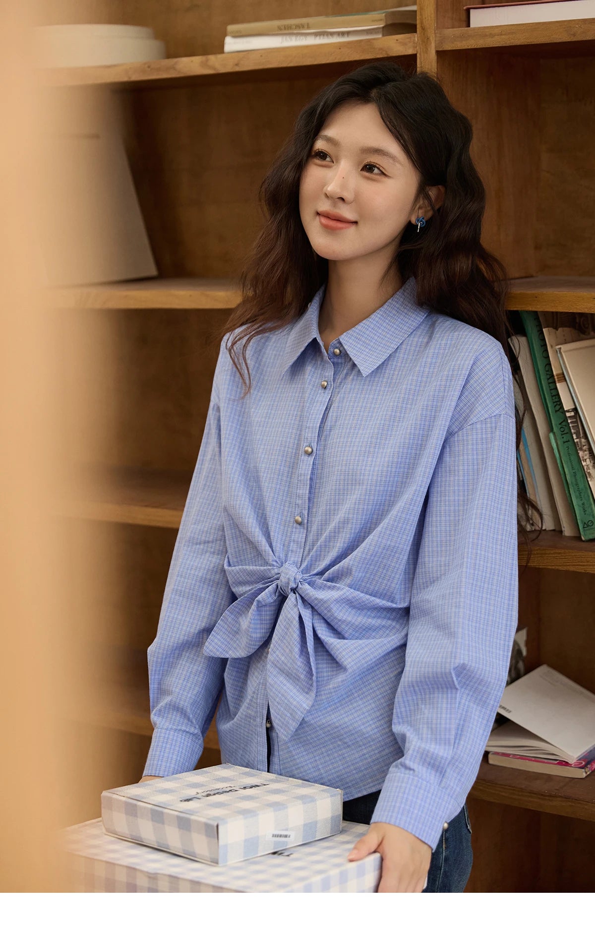 MISHOW Blue Plaid Cotton Shirt Bow Tie Waist Dropped Sleeve MXE44C2395