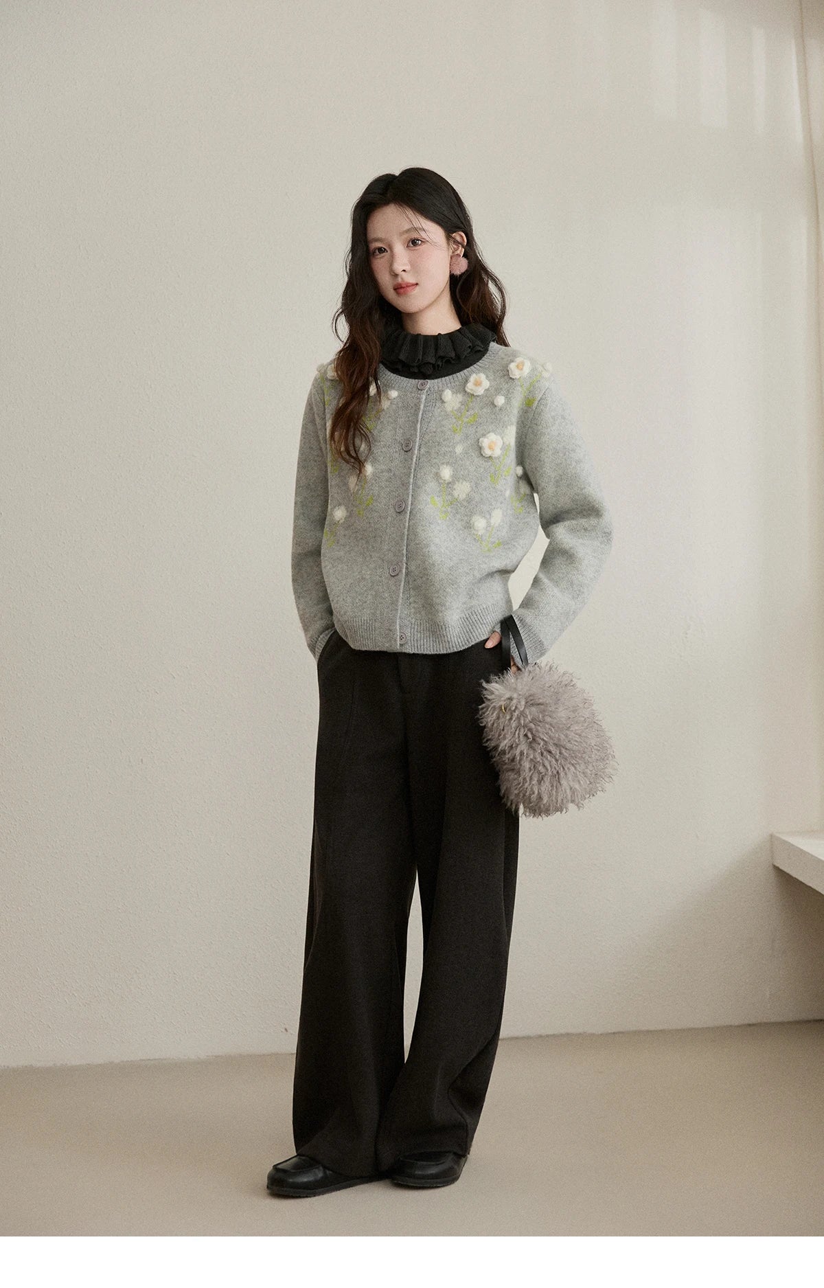 Mishow Gray Flower Embroidery Round Collar Cardigan MXE91Z2836