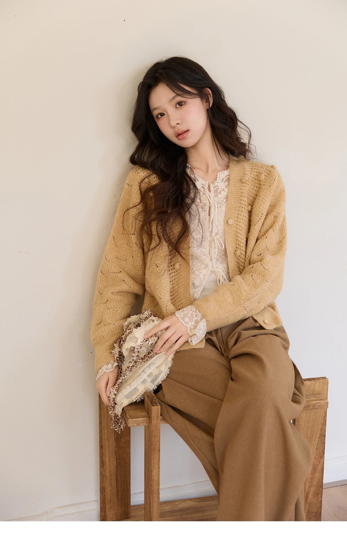 Mishow Hollow-out V-Neck Bobble Knit Cardigan MXF108Z1020
