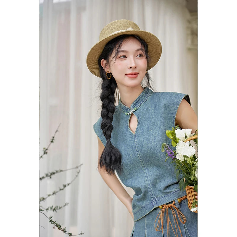 Mishow Chinese Stand Collar Vest & Pleated Denim Skirt Set MXD21X1465