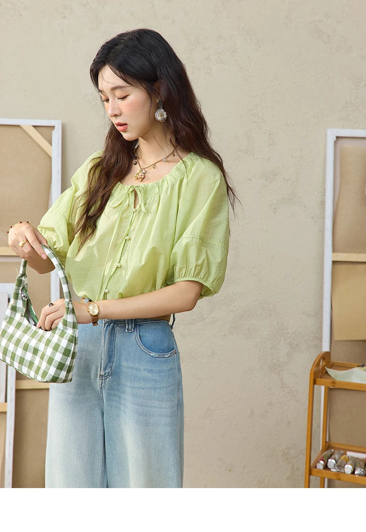 MISHOW Round Neck Blouse Lace Up Puff Sleeve MXE36X1875