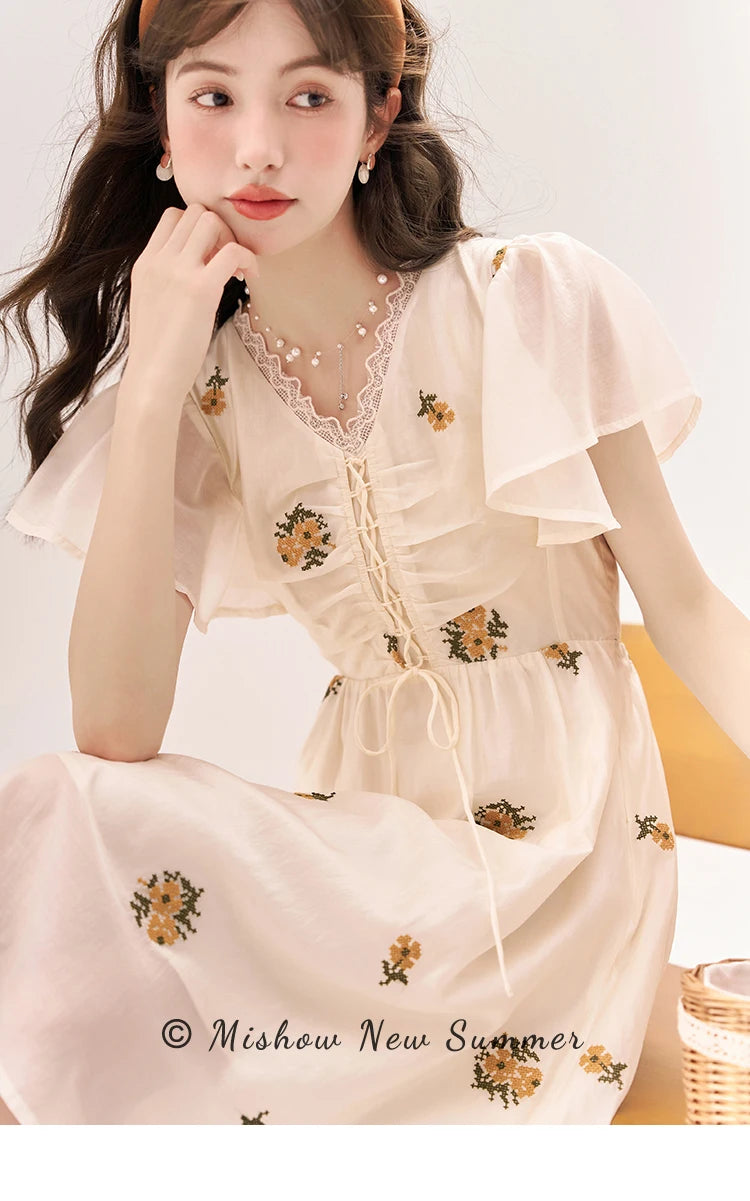 Mishow Van Gogh Sunflower Embroidered Butterfly Sleeve Dress MXC39L1524