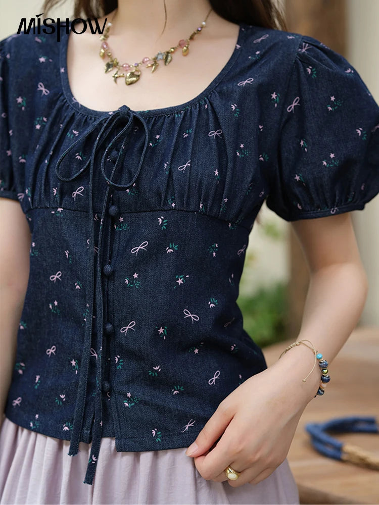 MISHOW Puff Sleeve Square Neck Blouse Lace Up Print Denim MXE39X1933