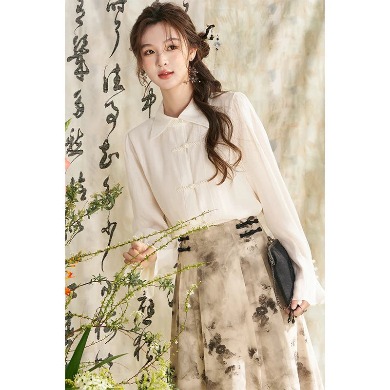 MISHOW Chinese Lapel Shirt Pearl Embellishments Petal Sleeve MXD11X1344