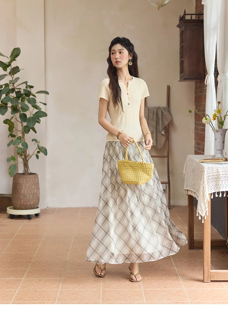 MISHOW Apricot Green Retro Plaid Skirt Pleated Chiffon High Waist A-Line MXE35B0747