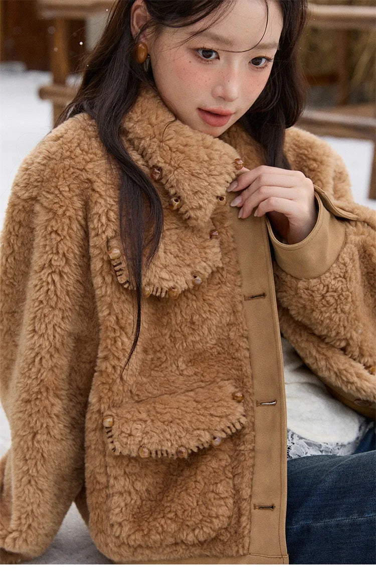 MISHOW Faux Lambskin Coat Turn-Down Collar Brown Loose MXE89W0896