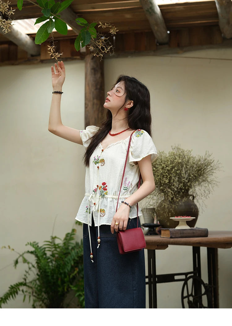 MISHOW Flower Embroidery Square Neck Lace Blouse MXE37X1895