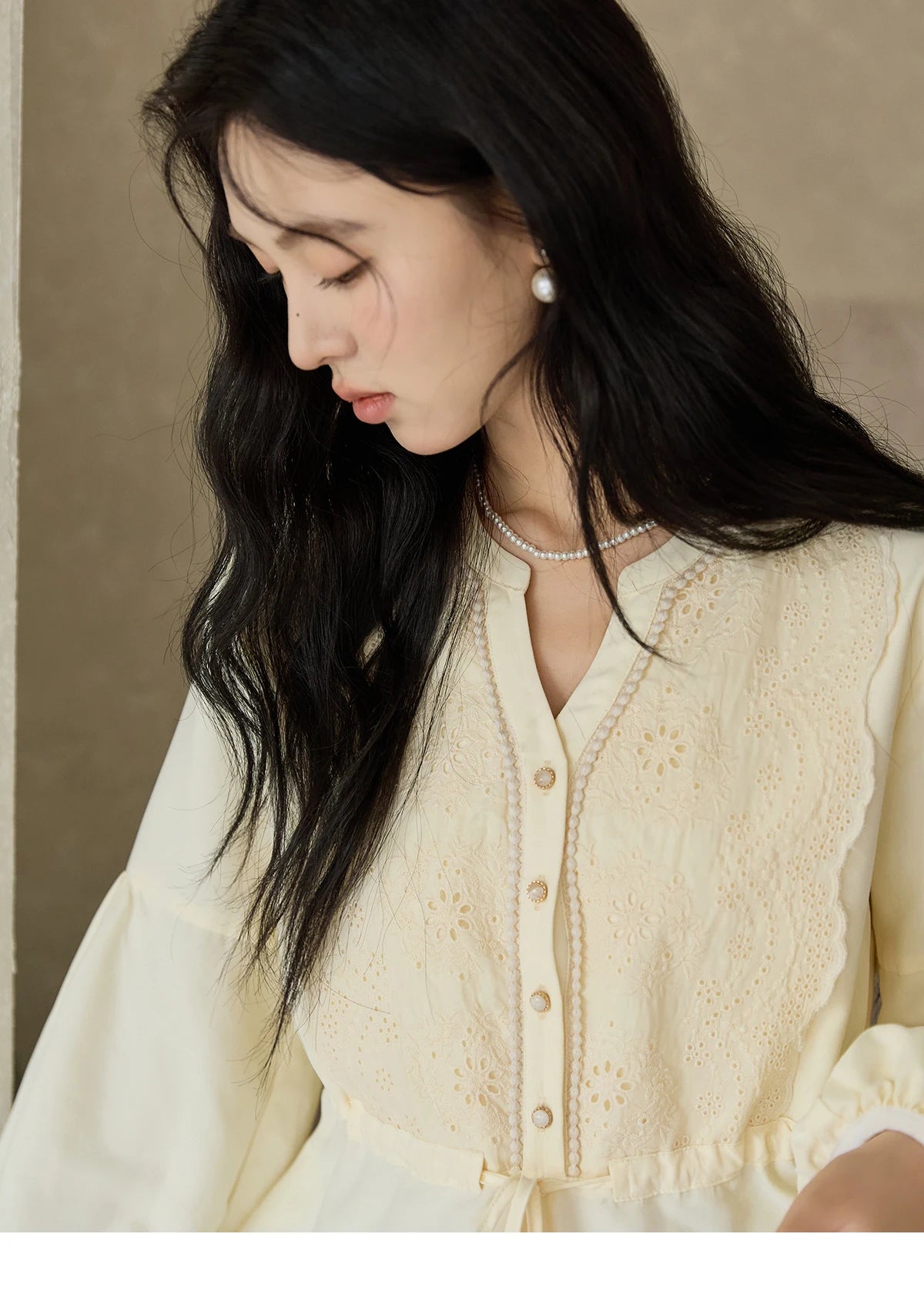 MISHOW French V-Neck Blouse Lace Lantern Sleeve Drawstring Waist MXD45X1660