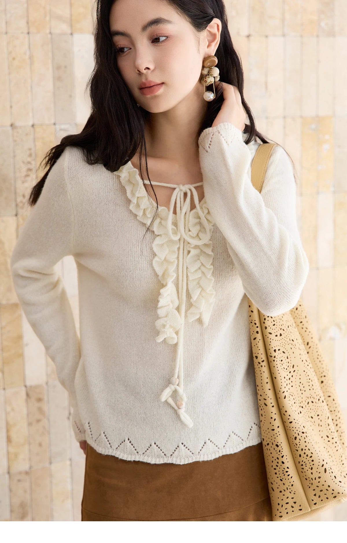 Mishow Beige V-Neck Wood Ear Hollow Sweater MXE51Z2595