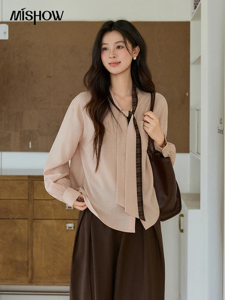 MISHOW Dusty Pink Shirt Plaid Tie Neck Lantern Sleeve MXF108C0817