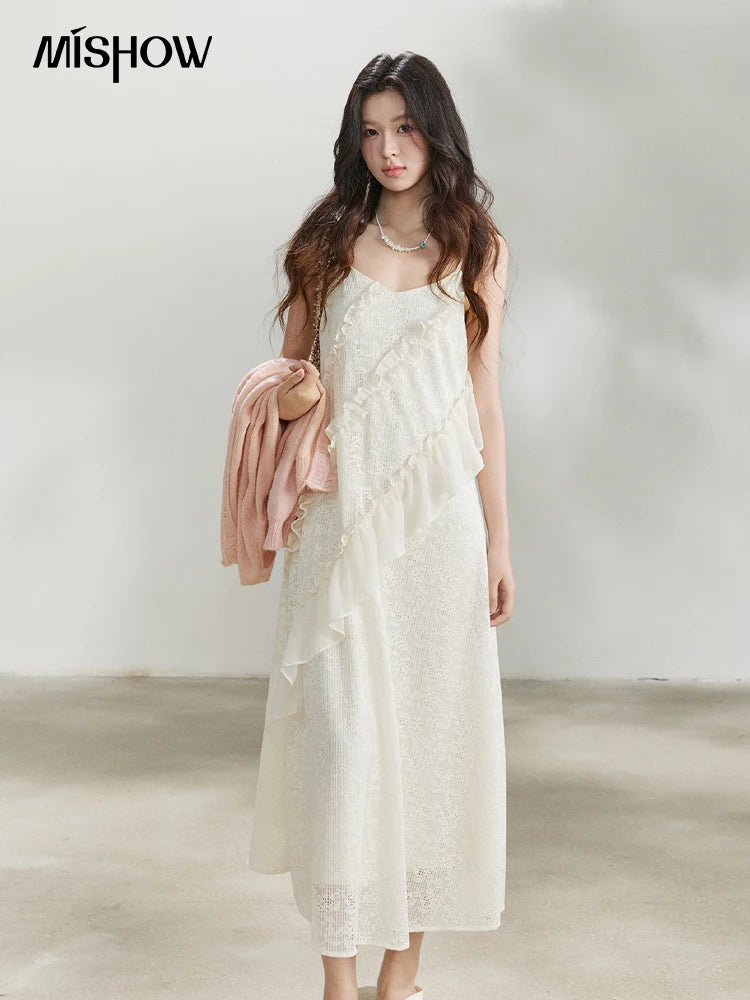 Mishow Cream Irregular Lace Ruffled Slip Dress MXF108L1005
